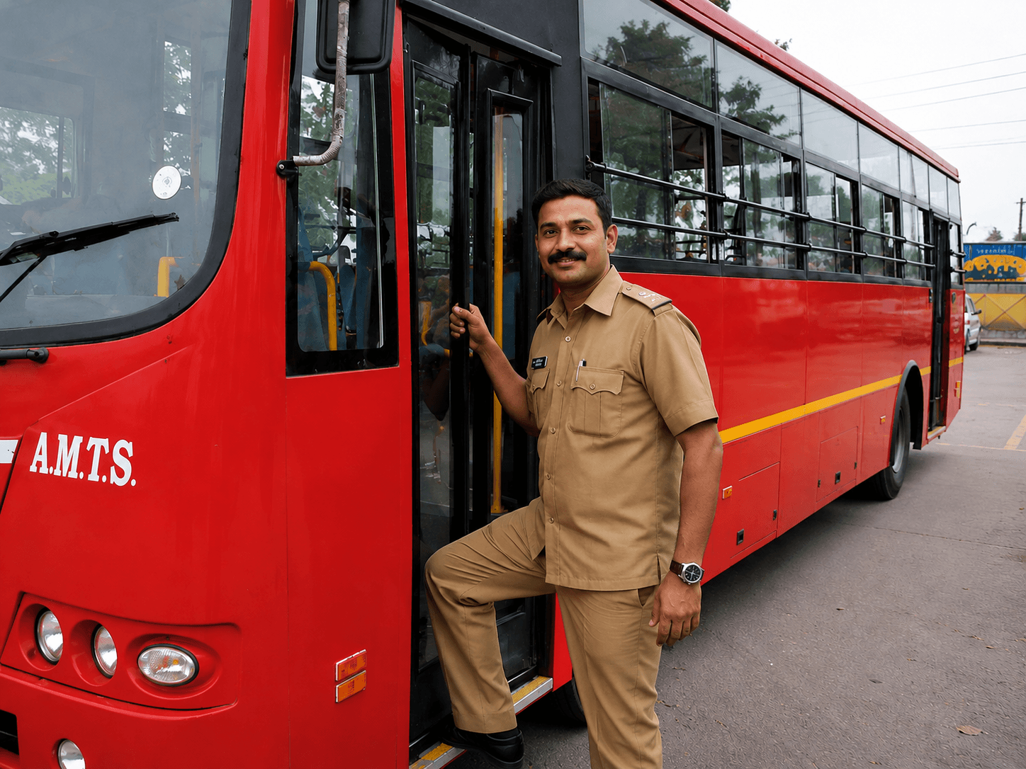A Shree Translink driver in uniform boarding an AMTS city bus