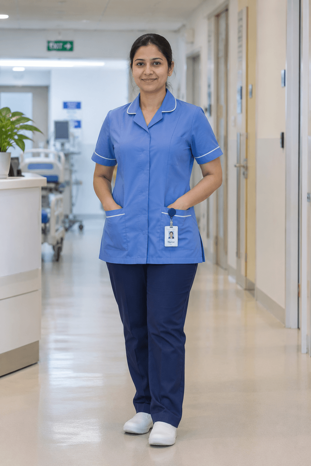 Nurse in a button down nursing uniform